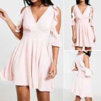 Sexy Off-shoulder Lotus Sleeve Deep V-neck Solid Color Dress