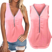 Fashion Solid Color Sleeveless Zipper V-neck Chiffon Top