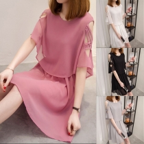 Fashion Solid Color Off-shoulder Short Sleeve Round Neck Chiffon Dress
