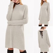 Fashion Solid Color Long Sleeve Round Neck Lace-up Sweater Dress