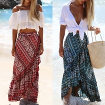 Bohemian Style High Waist Irregular Slit Hem Printed Skirt