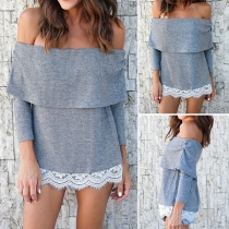 Sexy Off-shoulder Boat Neck Lace Spliced Hem Knit Top
