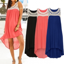Fashion Lace Spliced Sleeveless Round Neck High-low Hem Chiffon Dress