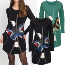 Fashion Long Sleeve Round Neck Slim Fit Printed T-shirt Dress