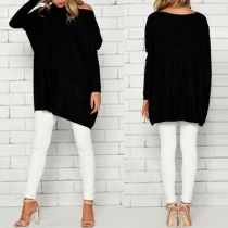 Fashion Oblique Shoulder Dolman Sleeve Solid Color T-shirt