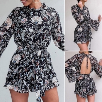 Fashion Trumpet Sleeve Round Neck Printed Dress