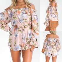 Sexy Off-shoulder Boat Neck Long Sleeve Elastic Waist Printed Romper