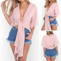Sexy Deep V-neck Short Sleeve Lace-up Hem Solid Color Crop Top