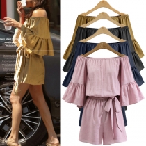 Sexy Off-shoulder Boat Neck Trumpet Sleeve Solid Color Romper