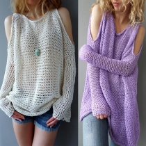 Sexy Off-shoulder Long Sleeve Round Neck Solid Color Sweater