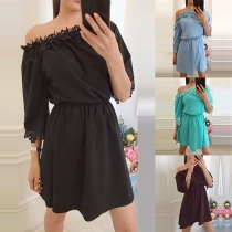 Sexy Lace Spliced Boat Neck Half Sleeve Elastic Waist Solid Color Dress