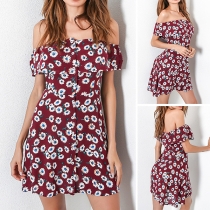 Sexy Off-shoulder Boat Neck Printed Dress