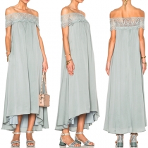 Sexy Off-shoulder Lace Spliced Boat Neck High-low Hem Solid Color Party Dress