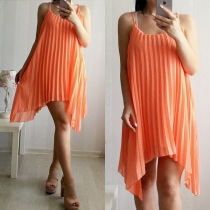 Fashion Solid Color Irregular Hem Pleated Sling Chiffon Dress