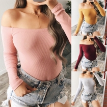 Sexy Off-shoulder Boat Neck Long Sleeve Solid Color Knit Bodysuit