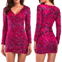 Sexy Deep V-neck Long Sleeve Sequin Spliced Tight Dress