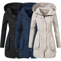 Fashion Slanted Pocket Elastic Waist Hooded Windbreaker