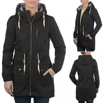 Fashion Solid Color Drawstring Hooded Windbreaker