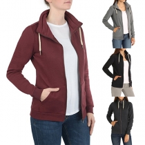 Fashion Solid Color Zip-up Stand Collar Coat 