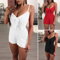 Sexy Backless V-neck High Waist Slim Fit Solid Color Sling Romper