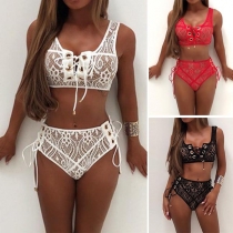 Sexy Backless Lace-up Hollow Out Lace Bikini Set
