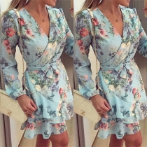 Sweet Style Long Sleeve V-neck Ruffle Hem Printed Dress
