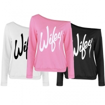 Sexy Oblique Shoulder Long Sleeve Letters Printed Sweatshirt