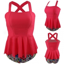 Sexy Backless Top + Low-waist Printed Panty Swimsuit Set