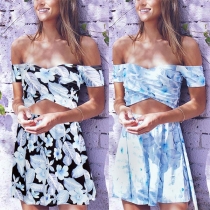 Sexy Off-shoulder Boat Neck Hollow Out High Waist Printed Dress