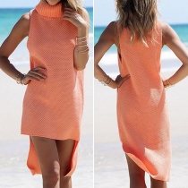 Fashion Sleeveless Turtleneck High-low Hem Solid Color Knit Dress