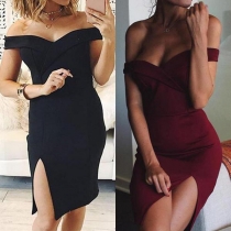 Sexy Off-shoulder Boat Neck Slit Hem Solid Color Party Dress