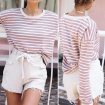 Fashion Long Sleeve Round Neck Striped T-shirt