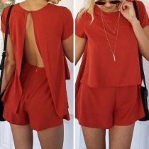 Sexy Slit Backless Short Sleeve Top + High Waist Shorts Two-piece Set