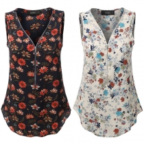 Fashion Sleeveless Zipper V-neck Printed Top