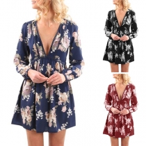 Sexy Deep V-neck Long Sleeve Printed Dress
