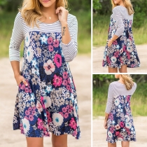 Fashion Striped Spliced Long Sleeve Round Neck Printed Dress