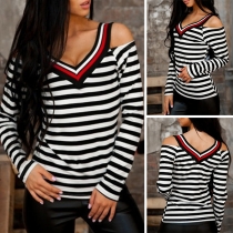 Sexy Off-shoulder Long Sleeve V-neck Striped T-shirt
