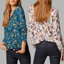 Fresh Style Long Sleeve V-neck High-low Hem Printed Blouse