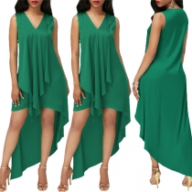 Fashion Solid Color Sleeveless V-neck Irregular Hem Dress