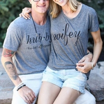 Fashion Letters Printed Short Sleeve Round Neck Couple T-shirt