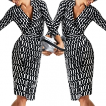 Sexy Deep V-neck 3/4 Sleeve Slit Hem Slim Fit Printed Dress