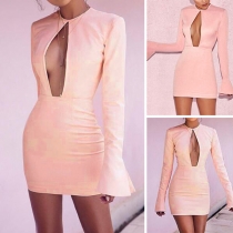 Sexy Hollow Out Trumpet Sleeve Round Neck Solid Color Slim Fit Dress