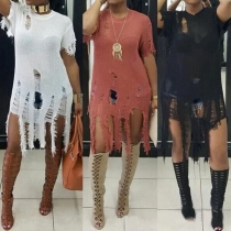 Distressed Style Short Sleeve Round Neck Ripped Knit Dress