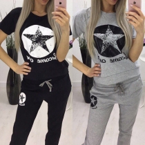 Fashion Pentagram Printed Short Sleeve T-shirt + Pants Sports Suit