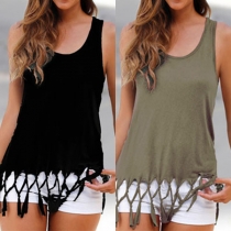 Fashion Solid Color Round Neck Tassel Hem Tank Top