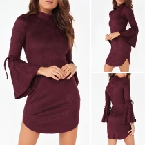 Elegant Solid Color Trumpet Sleeve Mock Neck Slim Fit Dress