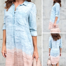 Fashion Color Gradient Long Sleeve POLO Collar Shirt Dress