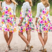 Fashion Long Sleeve Round Neck Striped Spliced Printed Dress