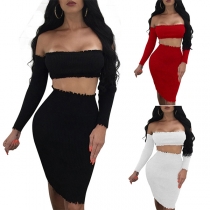 Sexy Off-shoulder Long Sleeve Bandeau Top + High Waist Skirt Two-piece Set