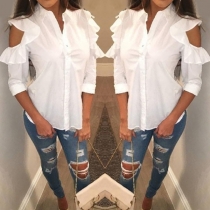 Sexy Off-shoulder 3/4 Sleeve POLO Collar Ruffle Solid Color Shirt